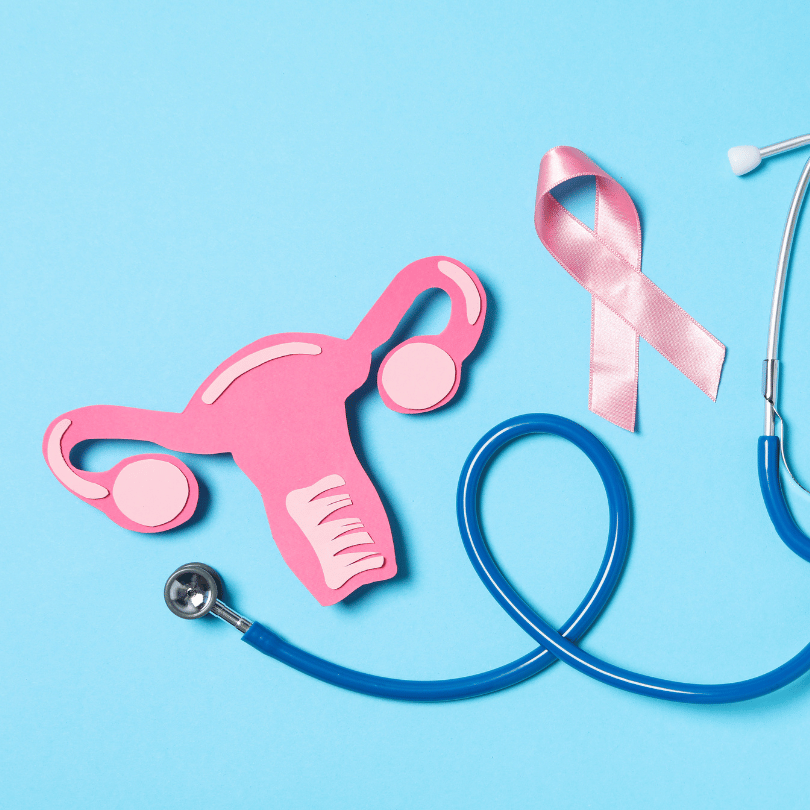 Illustration of female reproductive system, stethoscope, and pink ribbon, symbolizing Ashwagandha’s benefits for reproductive health, by Zaira Natural.