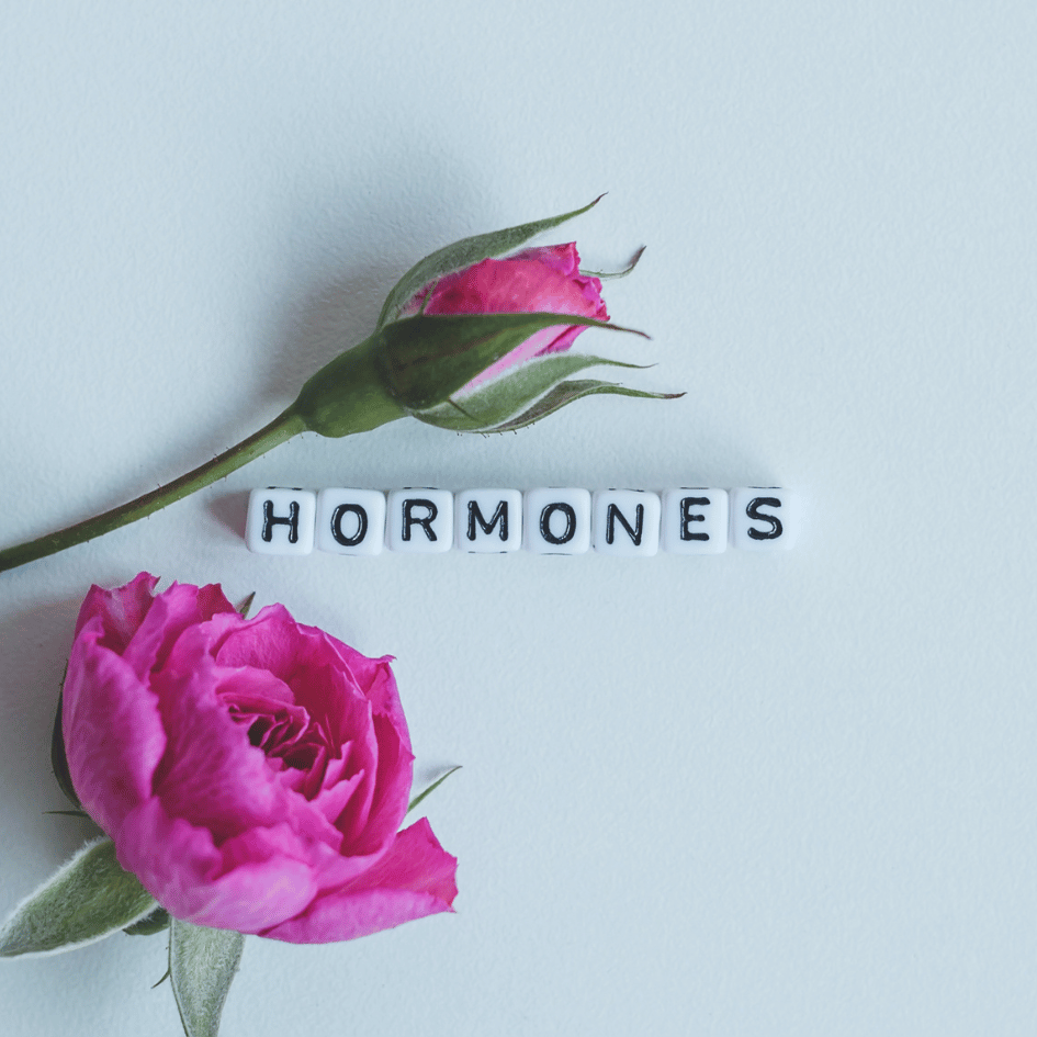 Image of roses with the word "Hormones," symbolizing Muira Puama's (Ptychopetalum olacoides) role in supporting hormonal balance, featured on Zaira Natural.