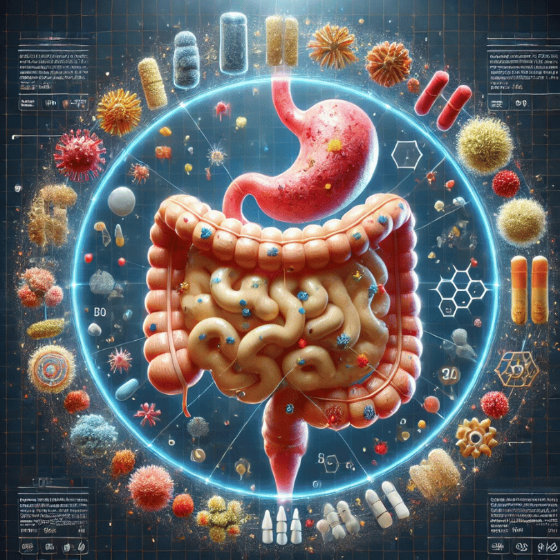 Illustration of the digestive system with various microbes, highlighting the antifungal benefits of Zaira Natural’s Swedish Herbs Mix.