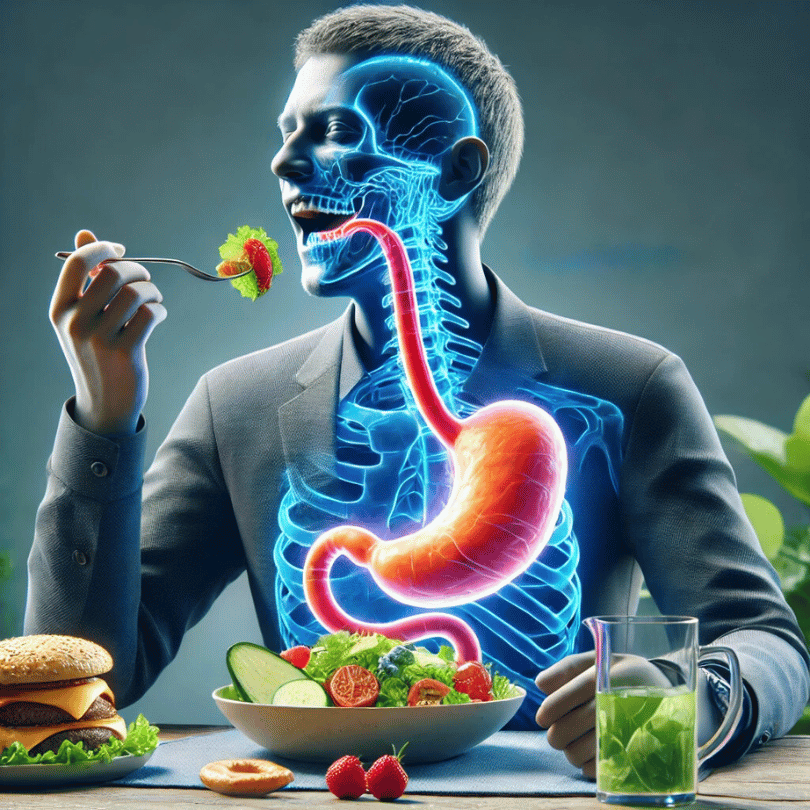 X-ray view of a man’s digestive system showing enhanced appetite and digestion benefits from Zaira Natural’s Swedish Herbs Mix.