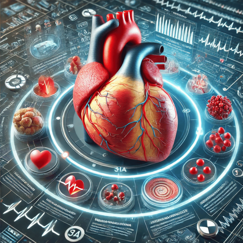Detailed illustration of the human heart surrounded by health data icons, symbolizing cardiovascular benefits of Zaira Natural’s Swedish Herbs Mix.