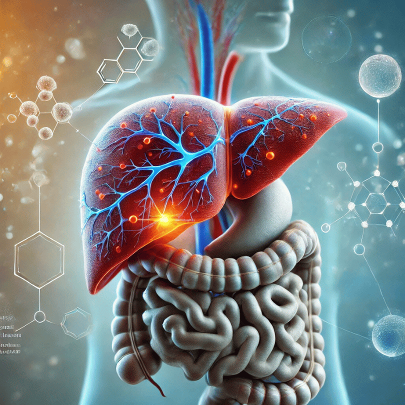 Illustration of the human liver and digestive system, highlighting detoxification benefits with molecular elements, representing Zaira Natural’s Swedish Herbs Mix.