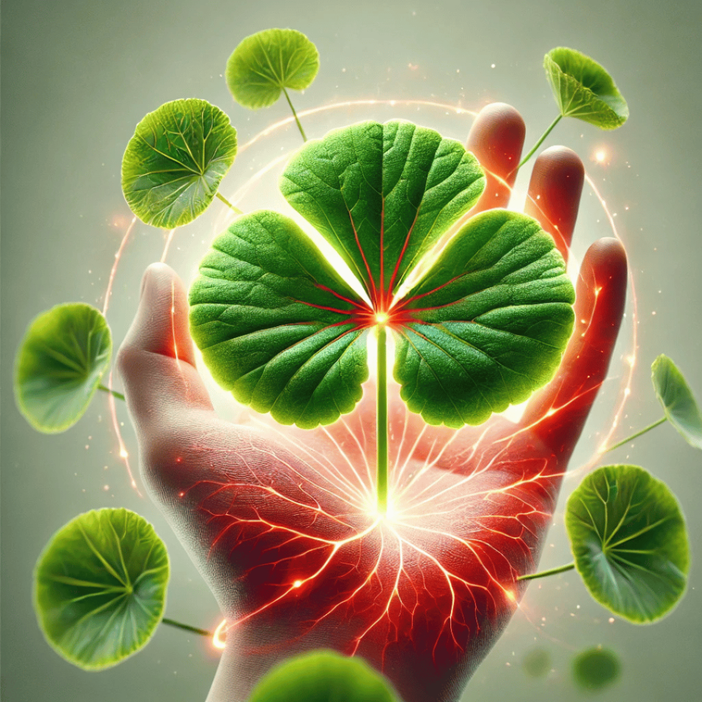 Illustration of Gotu Kola leaves in a glowing hand, symbolizing the anti-inflammatory and antioxidant properties of the herb.