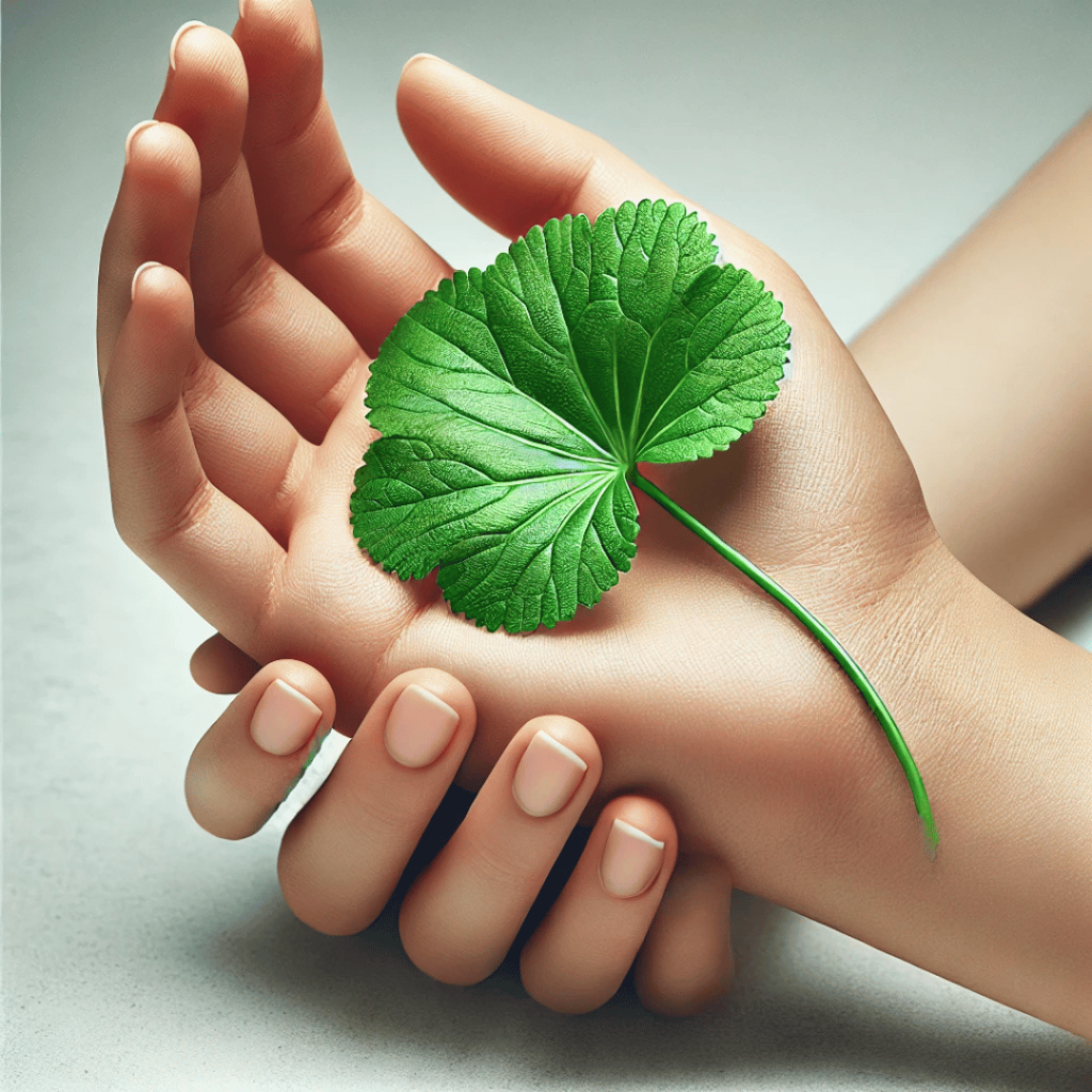 Hand holding a Gotu Kola leaf, symbolizing the herb’s wound healing and scarring reduction properties.