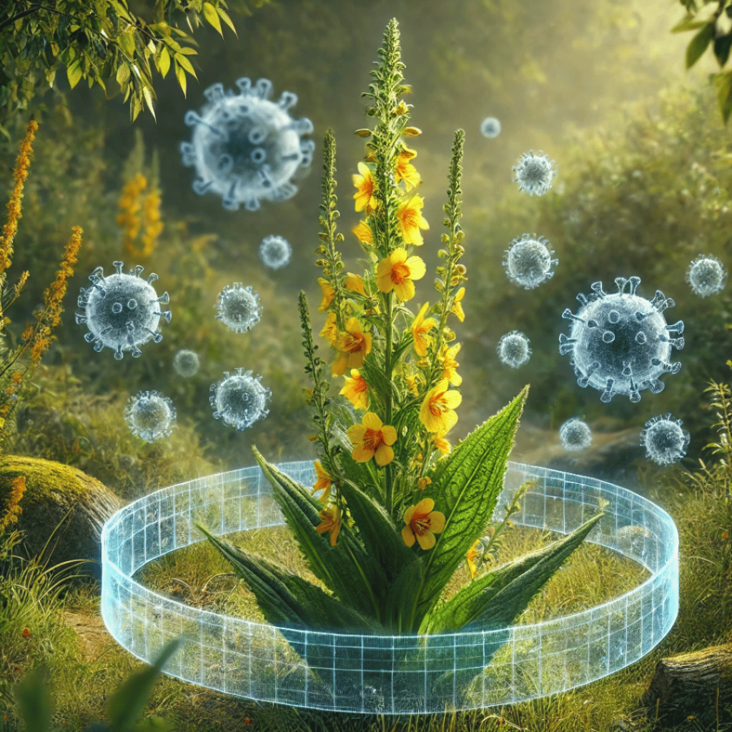 Illustration of Mullein Flower (Verbascum thapsus) surrounded by virus-like structures, symbolizing its antiviral and antibacterial properties.
