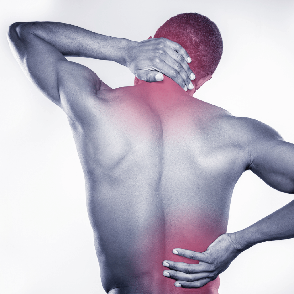 Man holding his neck and lower back, highlighting the natural inflammation and pain-relieving properties of Mullein Flower (Verbascum thapsus).