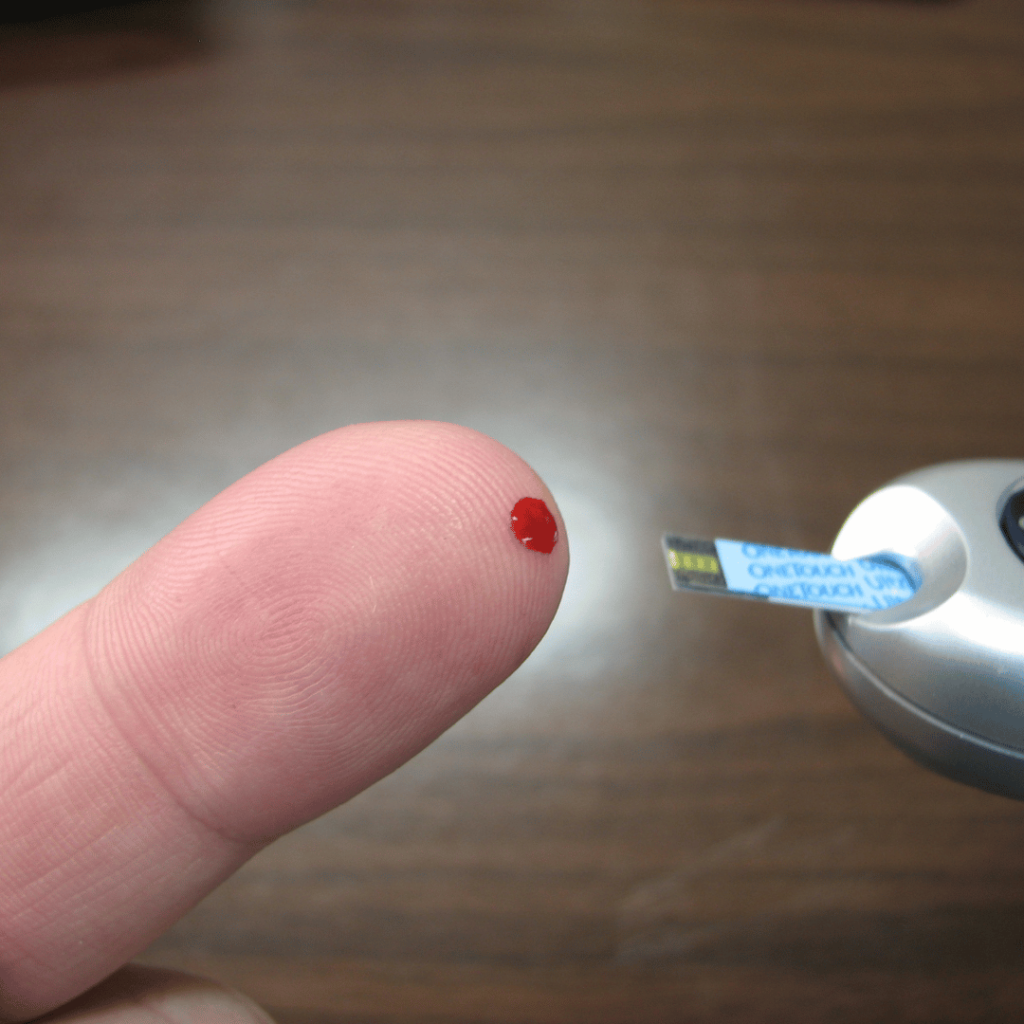 Close-up of a finger with a blood sugar test, representing sage's ability to help balance blood sugar levels.